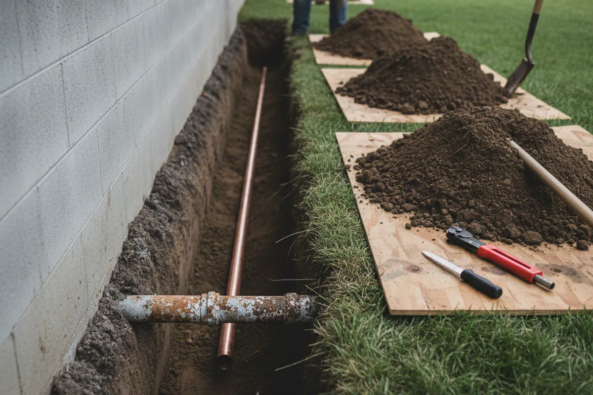 Excavated water line trench during Water Softener Installation in Kunia
